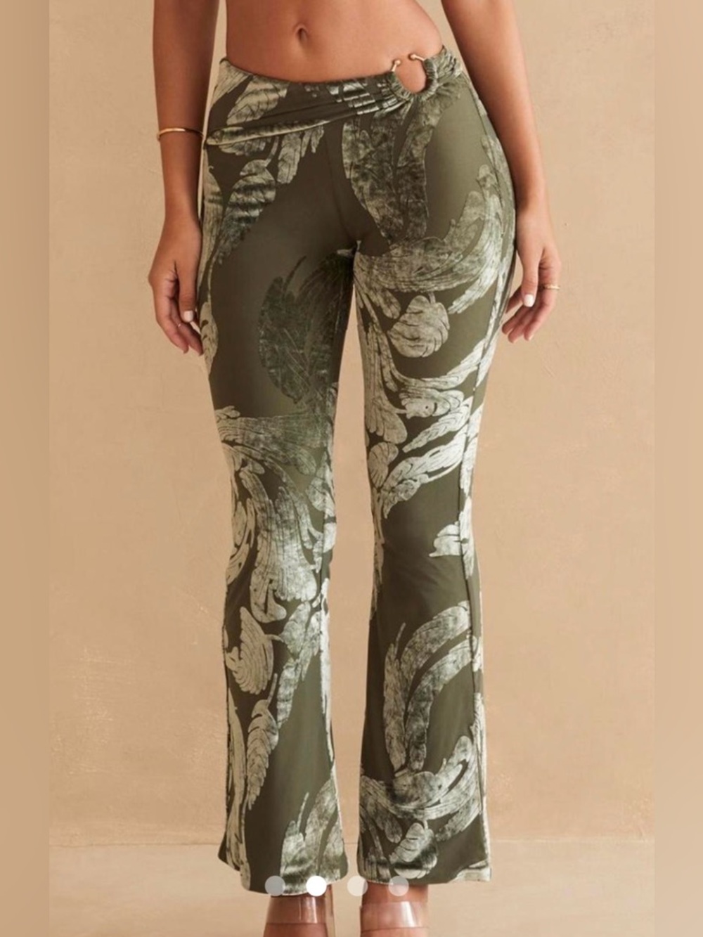 Oh Polly Olive Green Velvet Flare Pants with Ring Waist Detail